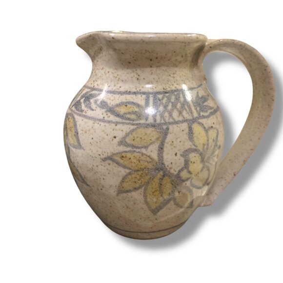 Studio Pottery VTG Mini Ceramic Pitcher Floral Tan Blue Accents 5’ Artist Signed - Picture 2 of 9